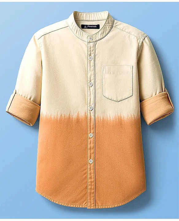 Pine Kids Cotton Woven Full Sleeves Shirt With Color Block Design - Orange